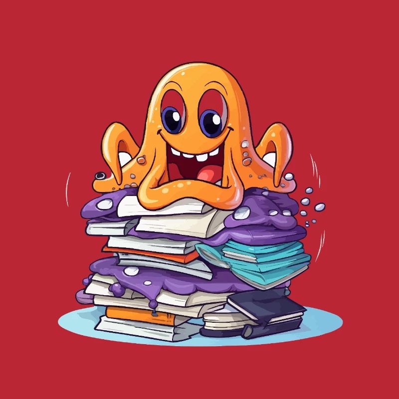Learning octopus with stack of books