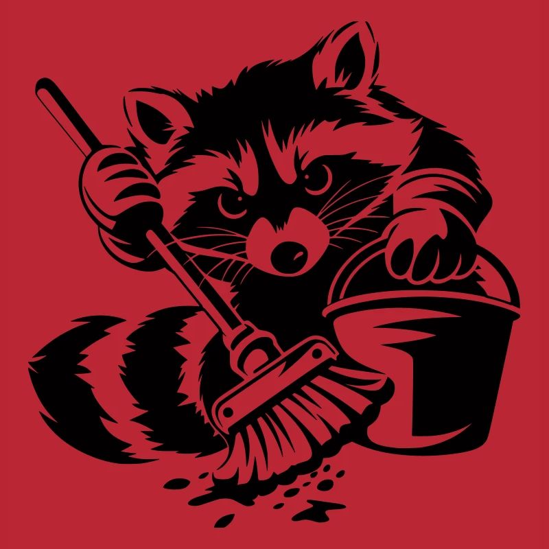 Waschbär mit Eimer & Mopp