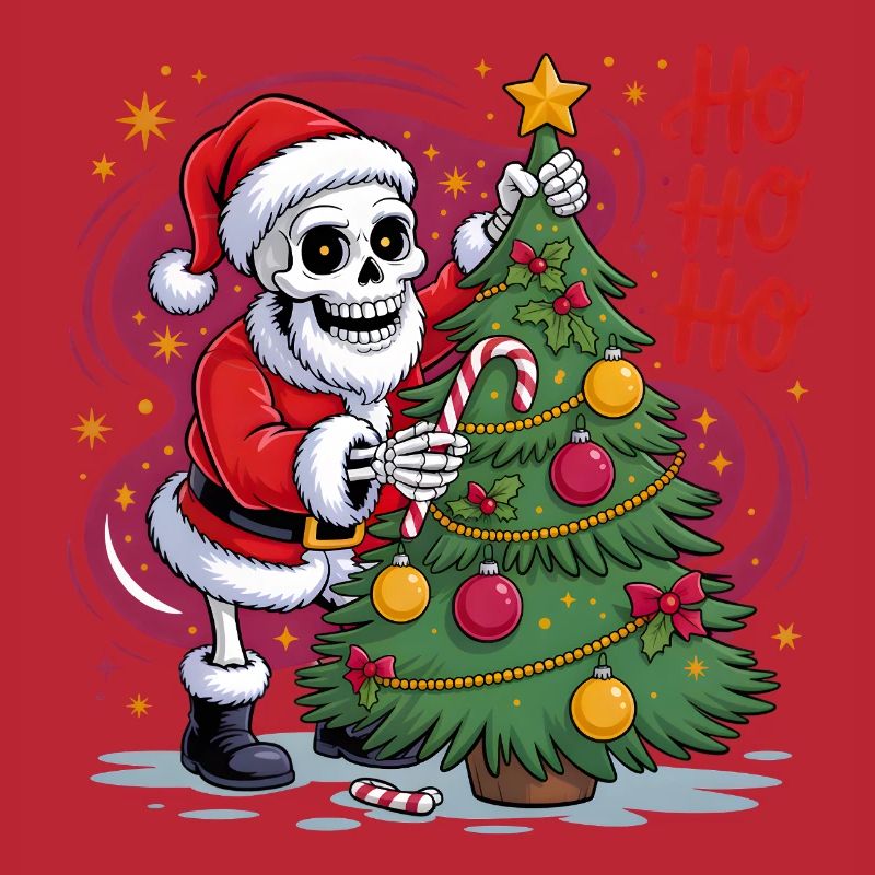 Skeleton Santa decorates tree