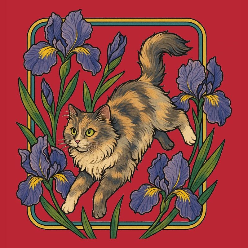 Chat élégant parmi les fleurs d'iris