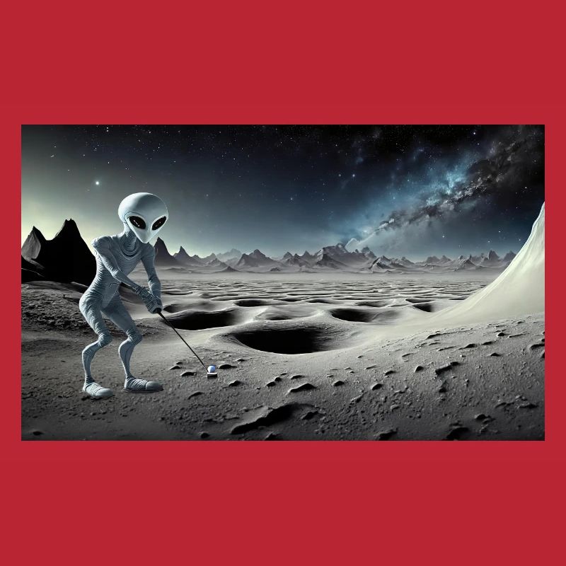 grey alien on the moon surface – playing golf