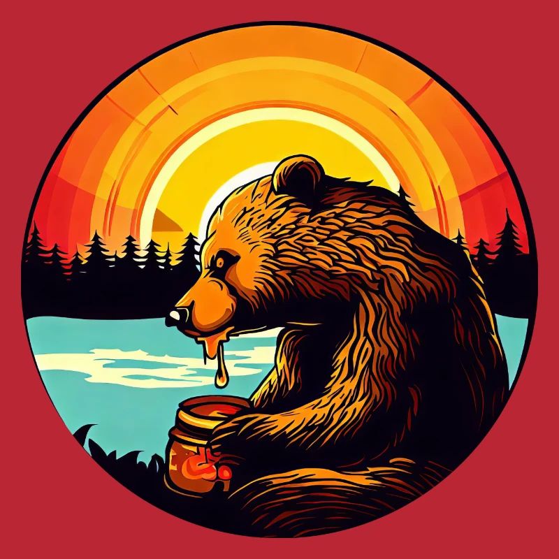 Bear eats honey at sunset