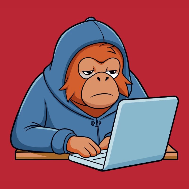 Mignon orang-outan hacker dans un sweat à capuche devant le PC