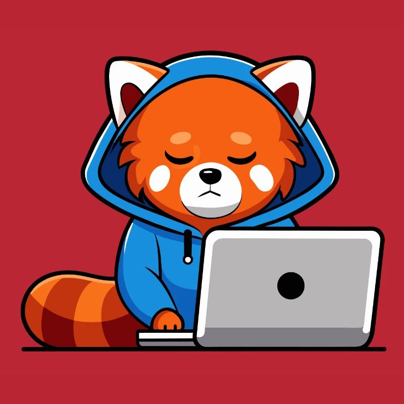 Mignon hacker panda roux en sweat à capuche devant PC