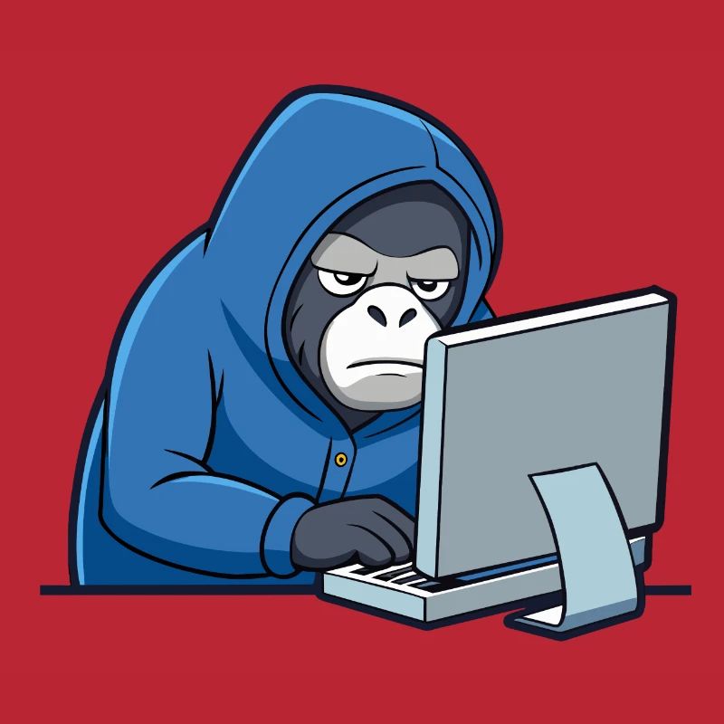 Mignon gorille hacker en sweat à capuche devant le PC