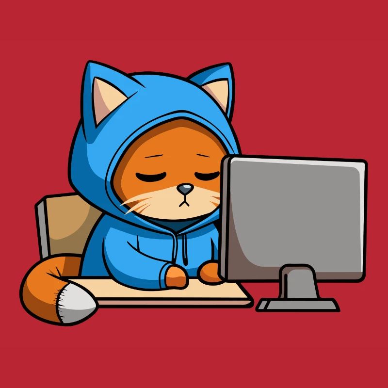 Un chat hacker mignon dort dans un sweat à capuche devant le PC