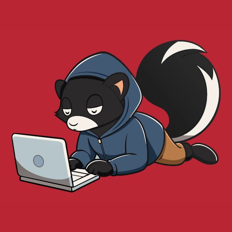 Mignonne mouffette hacker en sweat à capuche devant le PC