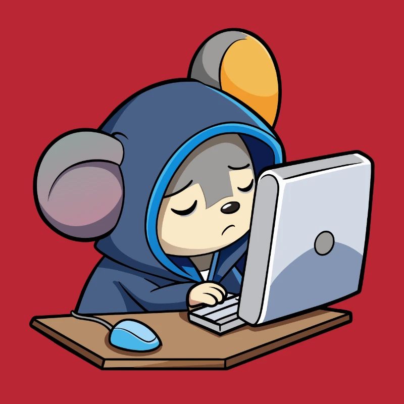 Une souris pirate mignonne dort dans un sweat à capuche devant le PC