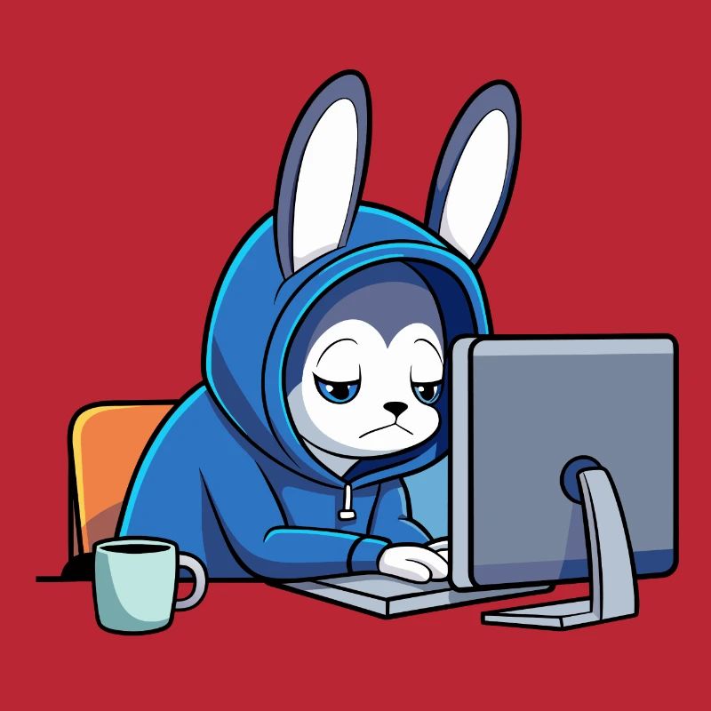 Un lapin hacker mignon dort dans un sweat à capuche devant le PC