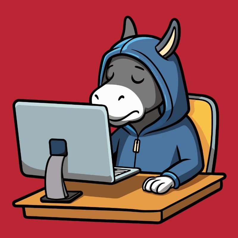 Un mignon âne hacker dort dans un sweat à capuche devant le PC