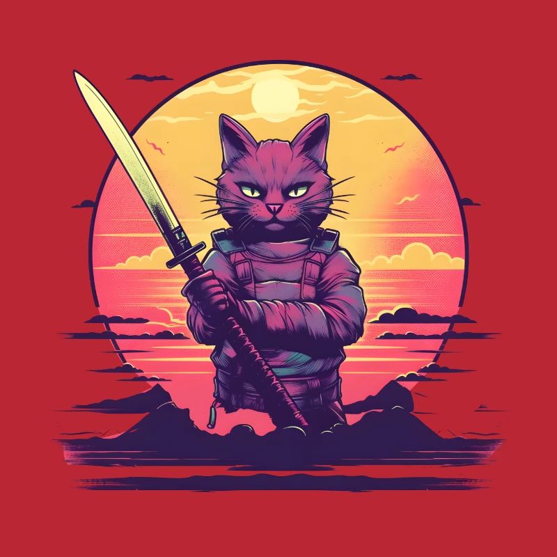 Synthwave samurai Cat sunset