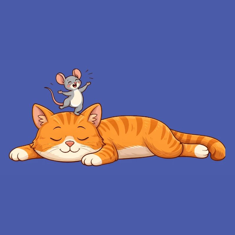 Sleeping cat with cheerful mouse