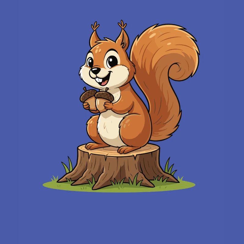 Eichhörnchen am Baumstumpf mit Eichel