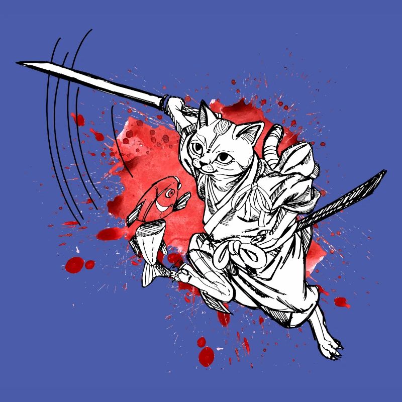 Chat samouraï mignon avec épée et poisson, éclaboussures