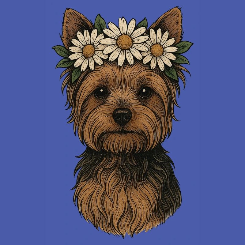 Yorkshire Terrier mit Gänseblümchenkrone