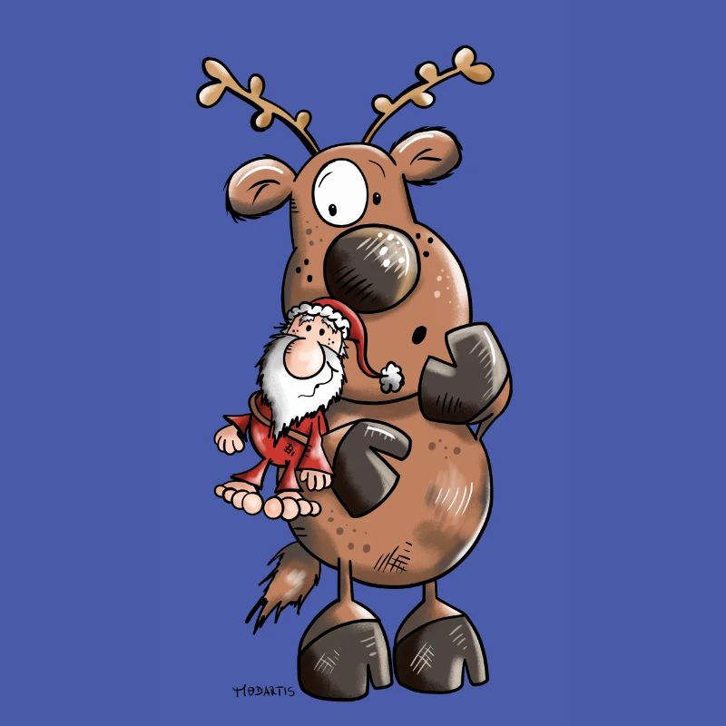 Reindeer cuddles Santa Claus