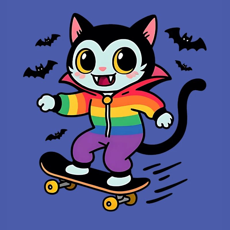 Rainbow Vampire Cat Skateboarding