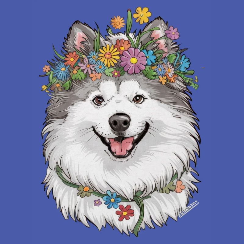 Samojede Hund mit Blumenkrone