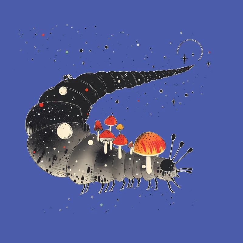 Surreal Caterpillar with Toadstools - Forest Motif