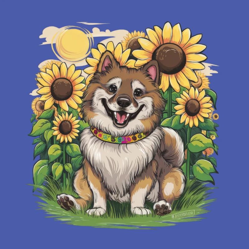 Niedlicher Wolfsspitz mit Sonnenblumen.
