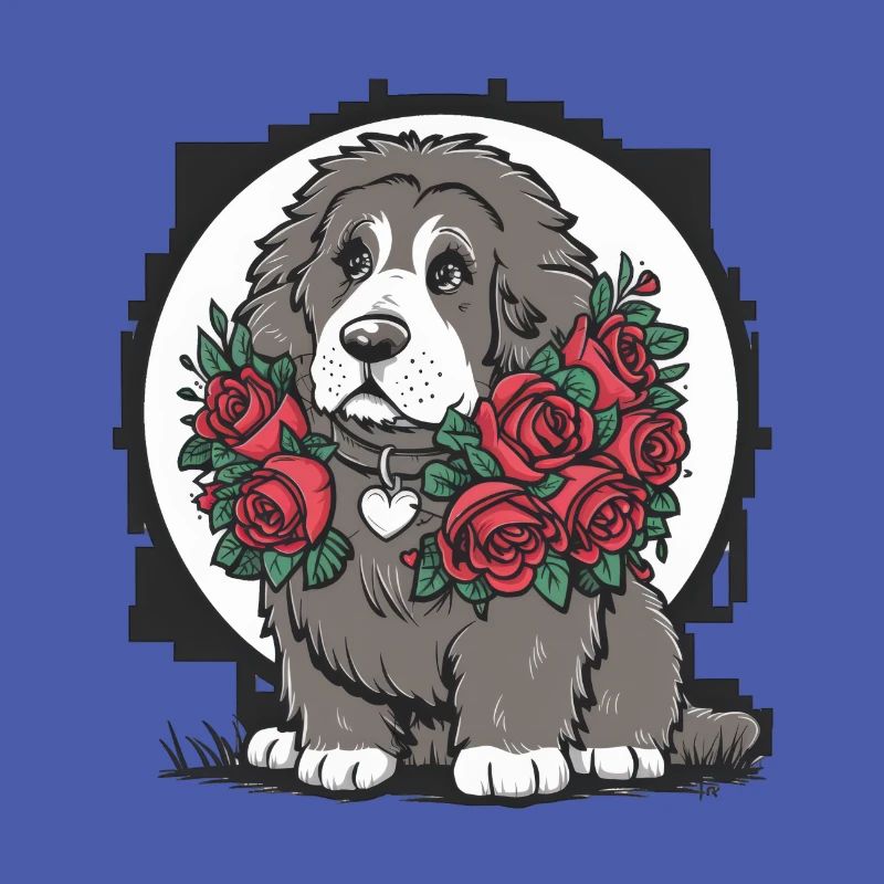 Mignon dessin animé Terre-Neuve chien avec des roses