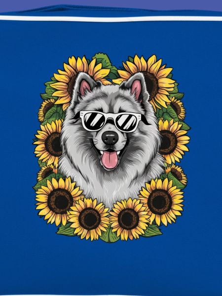 Cute Wolfspitz with sunflowers.