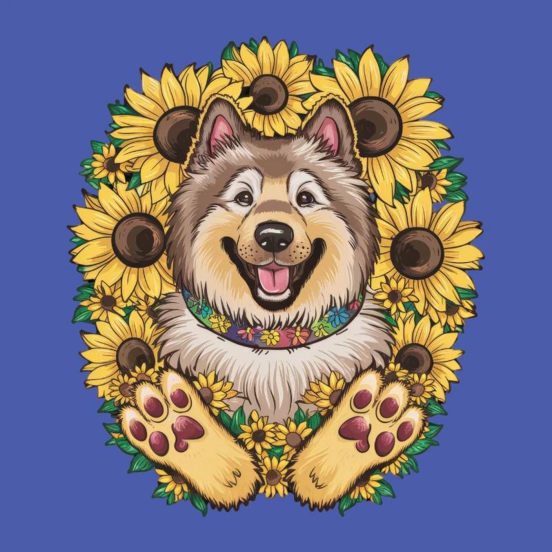 Niedlicher Wolfsspitz mit Sonnenblumen.