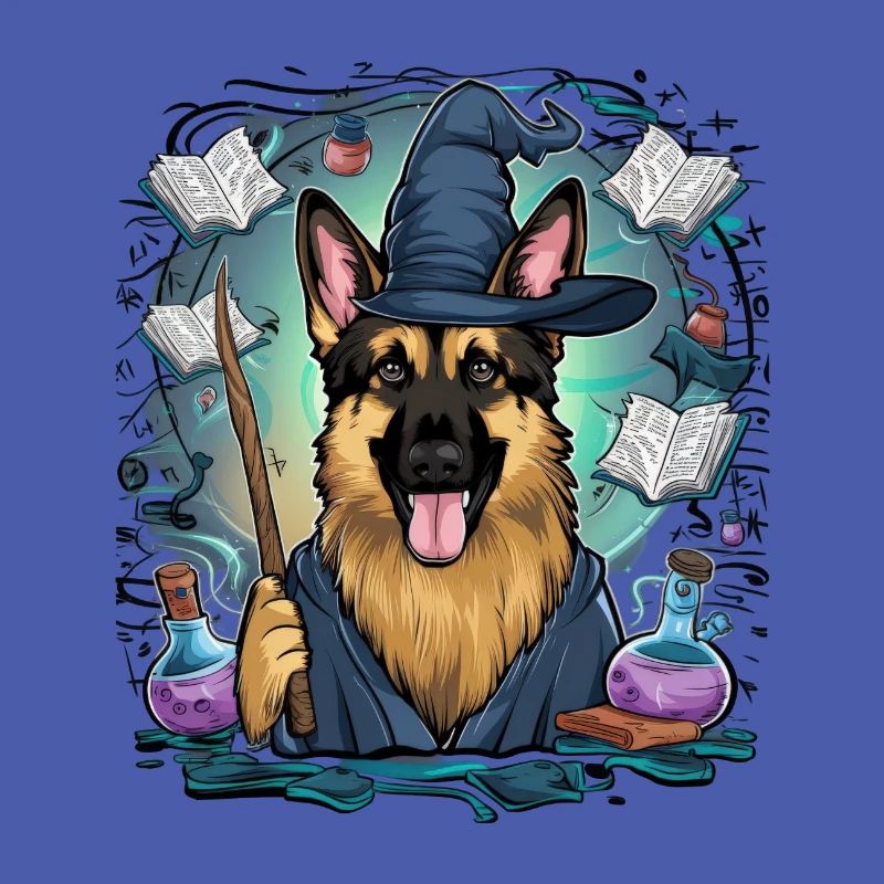 Deutscher Schäferhund ist Magier mit Zauberstab