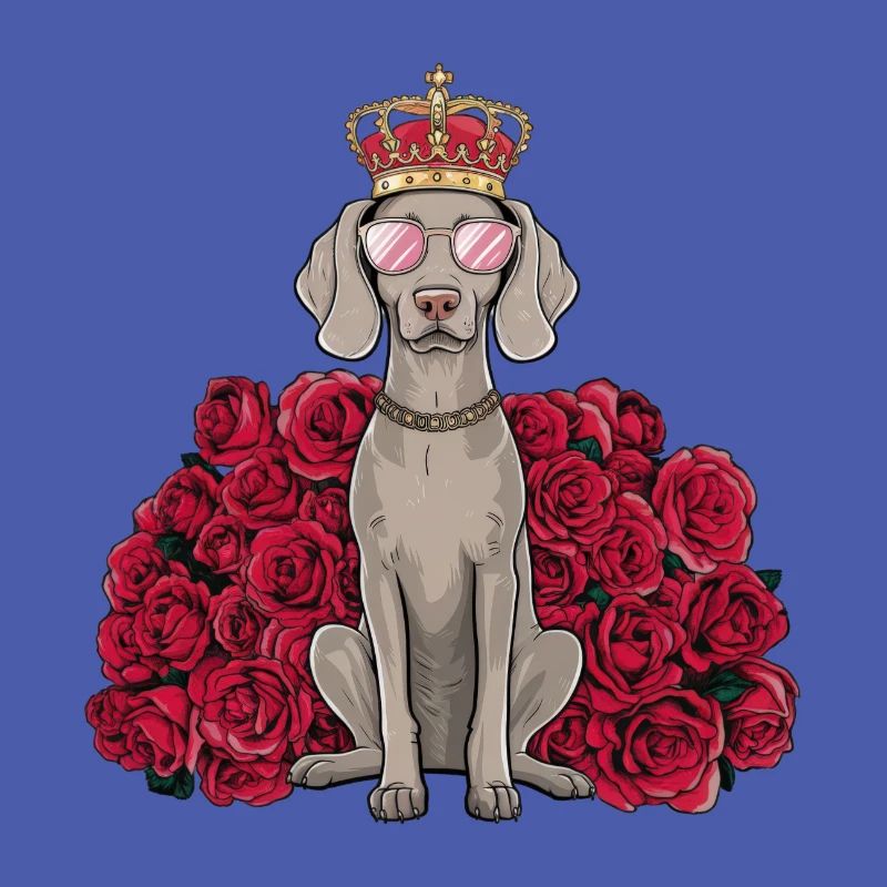 Weimaraner mit Krone und hübschen Rosen