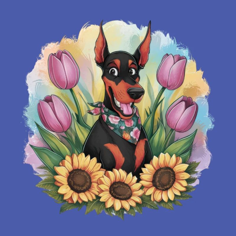 Doberman Pinscher with Sunflowers and Tulips