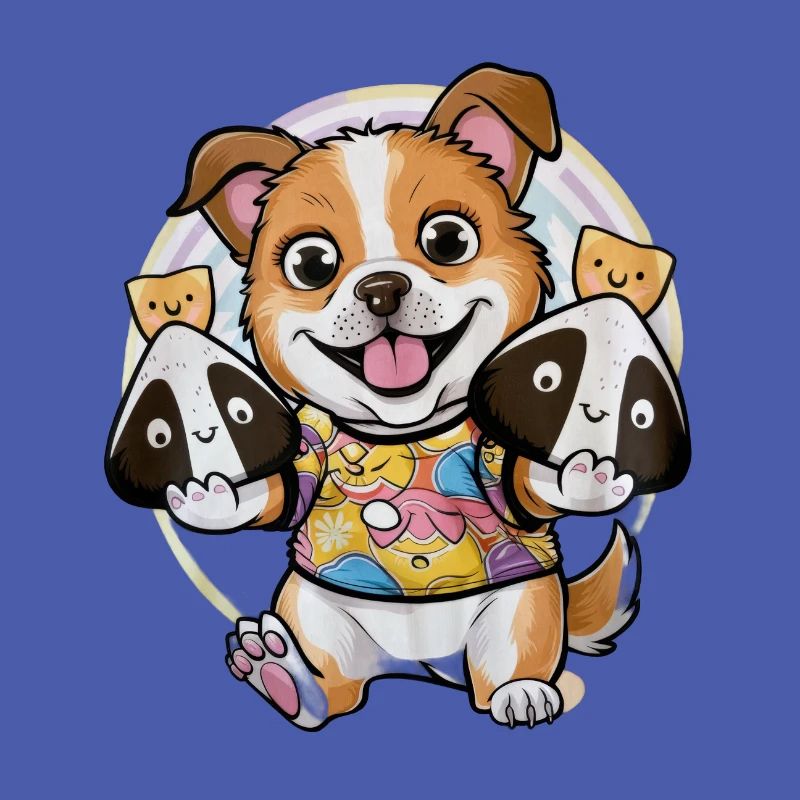 Chien de dessin animé kawaii avec boulettes de riz Onigiri