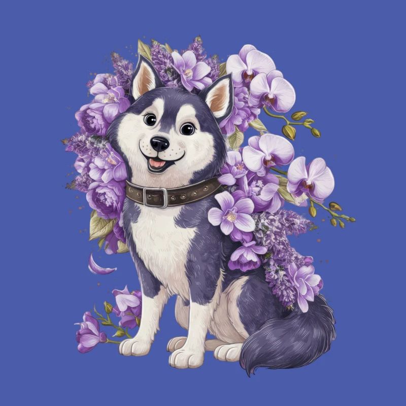 Cute cartoon husky with pretty orchids