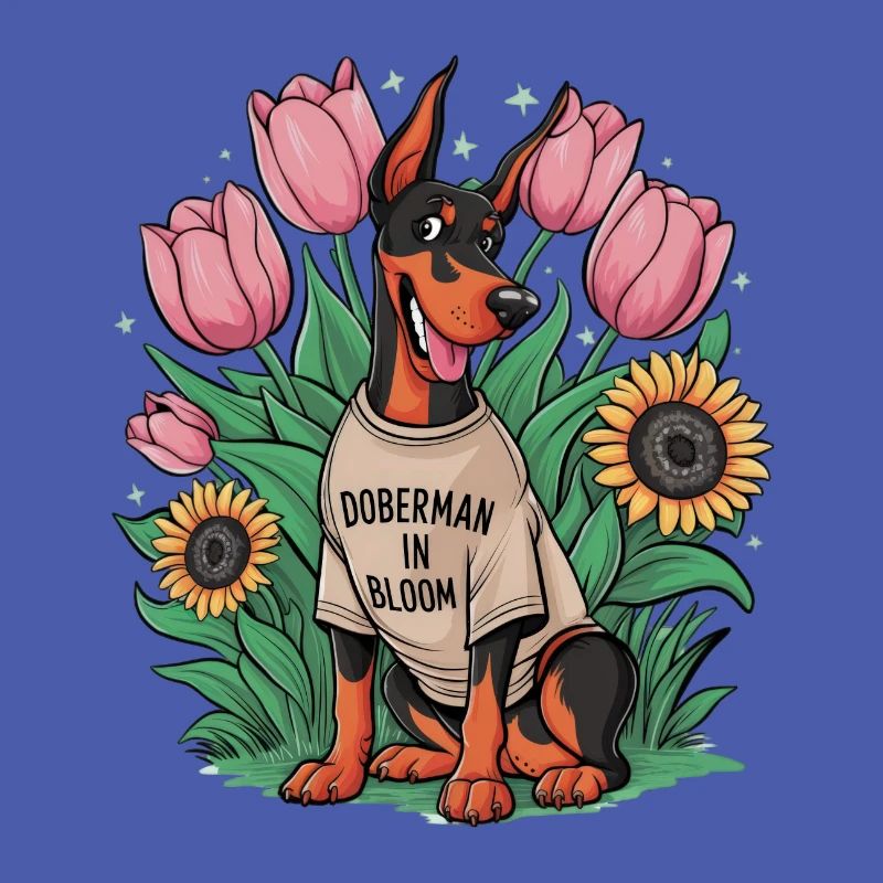 Doberman Pinscher aux tournesols et tulipes