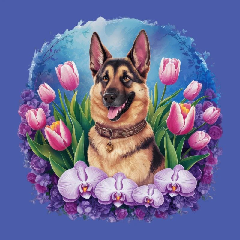 Dessin animé berger allemand avec des orchidées