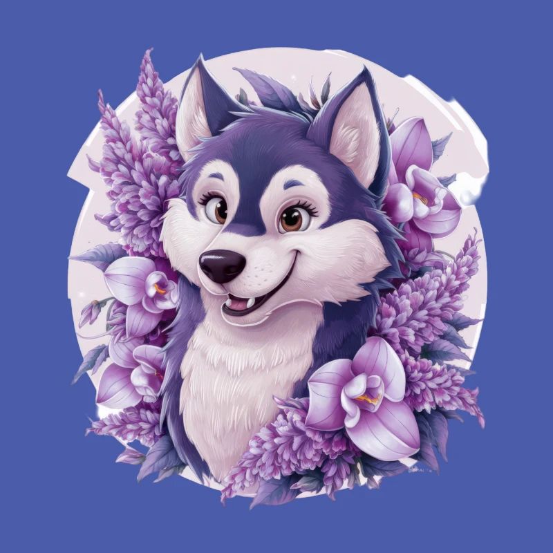 Cute cartoon husky with pretty orchids