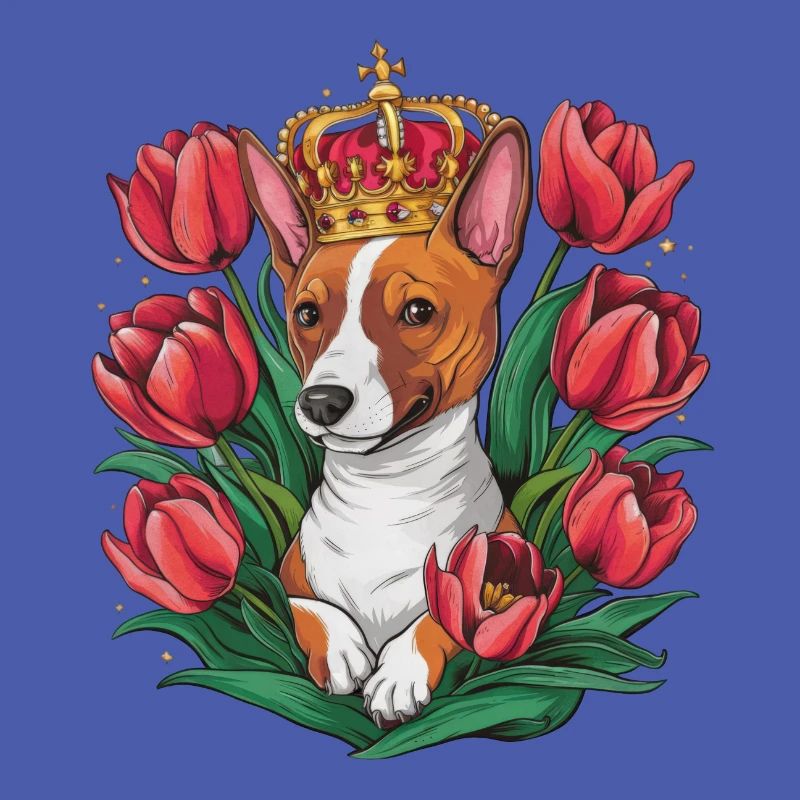 Cartoon Basenji Hund mit Krone und Tulpen