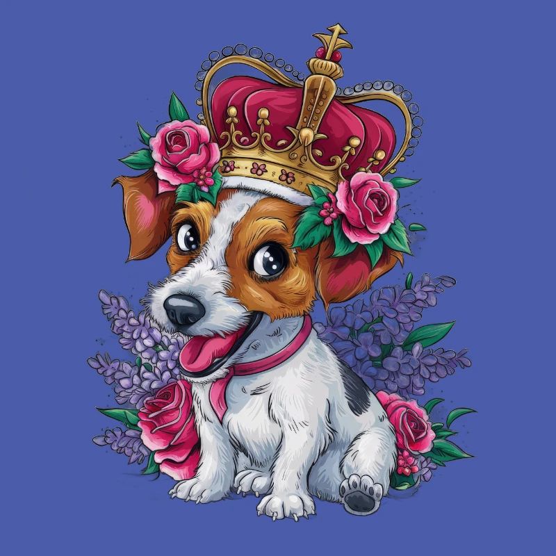 Jack Russel Terrier mit Krone und prächtigen Rosen
