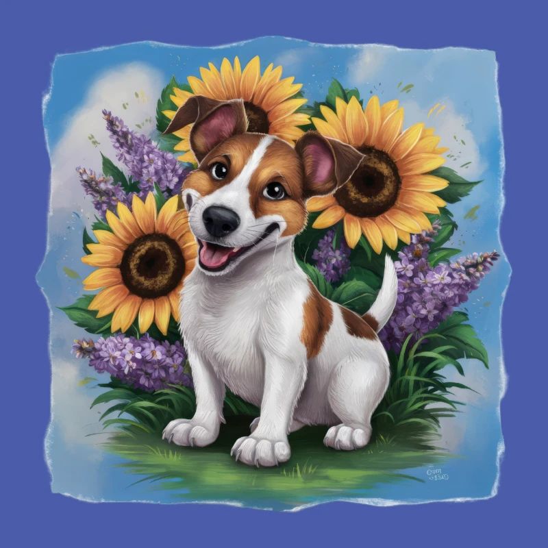 Süßer Jack Russel Terrier mit Sonnenblumen