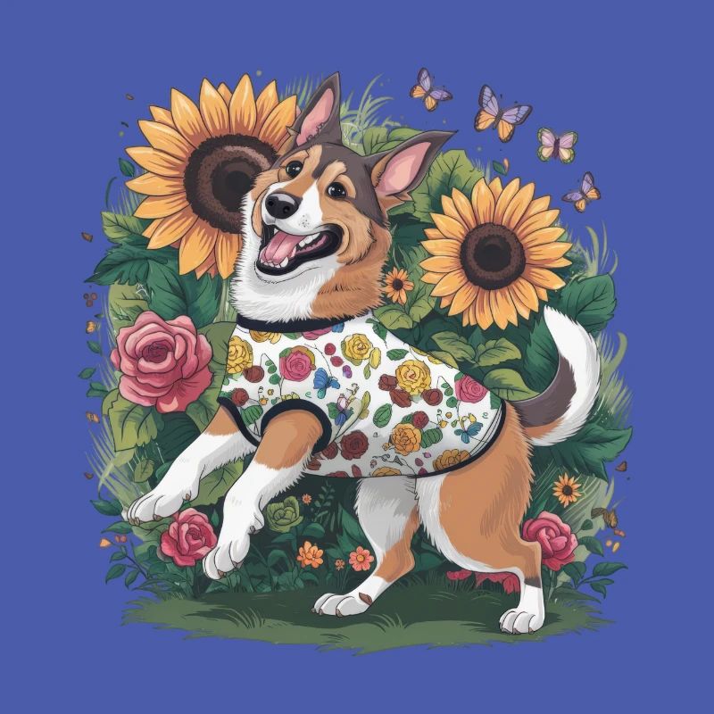 Chien d’élan norvégien avec roses, papillons