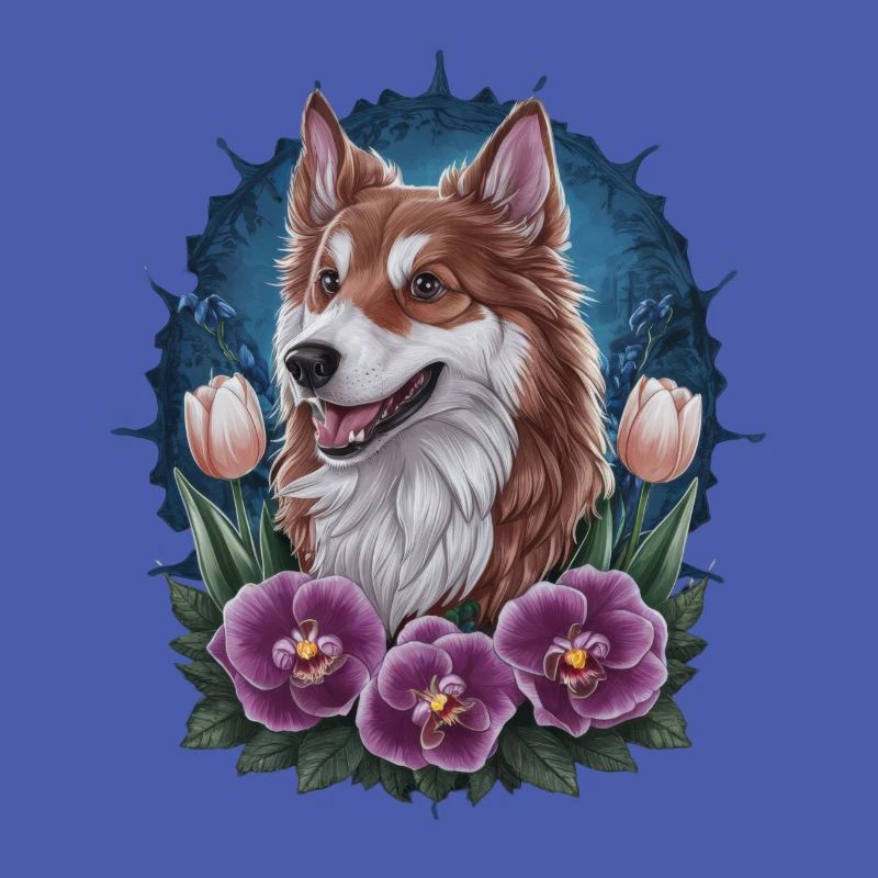 Norwegischer Elchhund mit Tulpen und Blumen