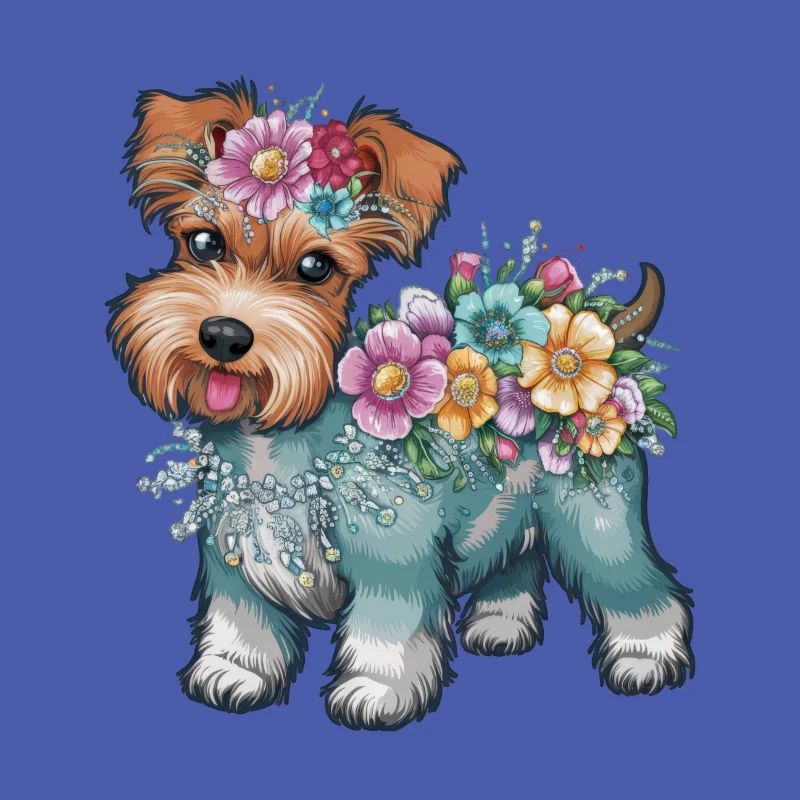 Süßer Cartoon Terrier mit farbenfrohen Blumen