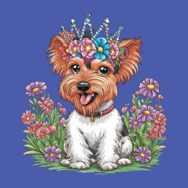Süßer Cartoon Terrier mit farbenfrohen Blumen