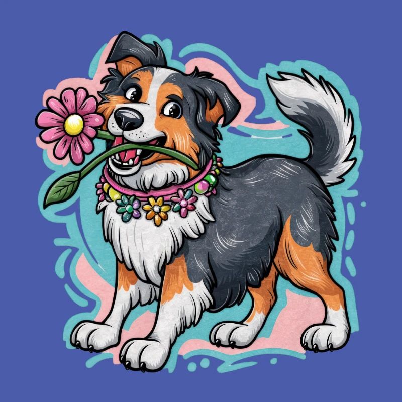 Cute Australian Shepherd Dog with Flowers