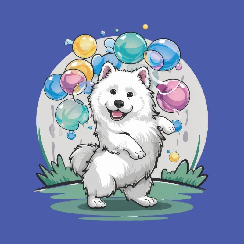Chien Samoyède avec des bulles de savon