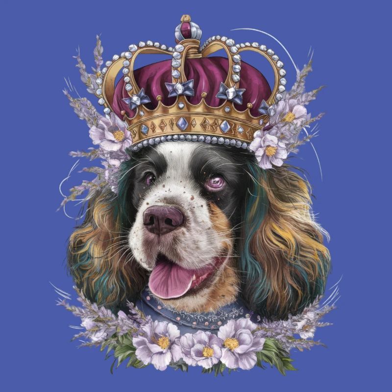 Cocker Spaniel mit Blumen und Krone
