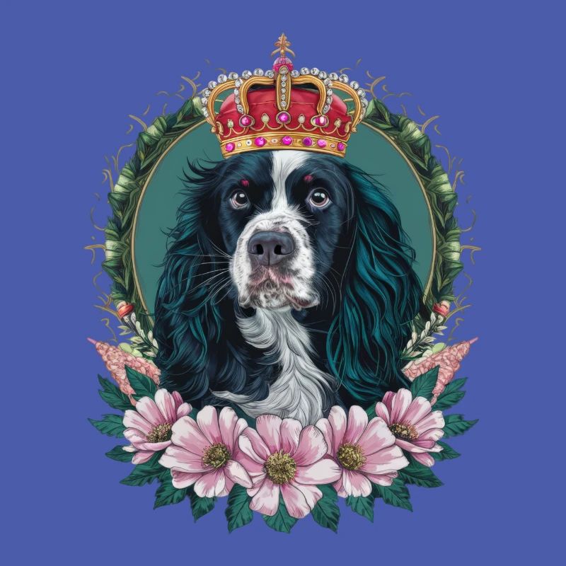 Cocker Spaniel mit Blumen und Krone