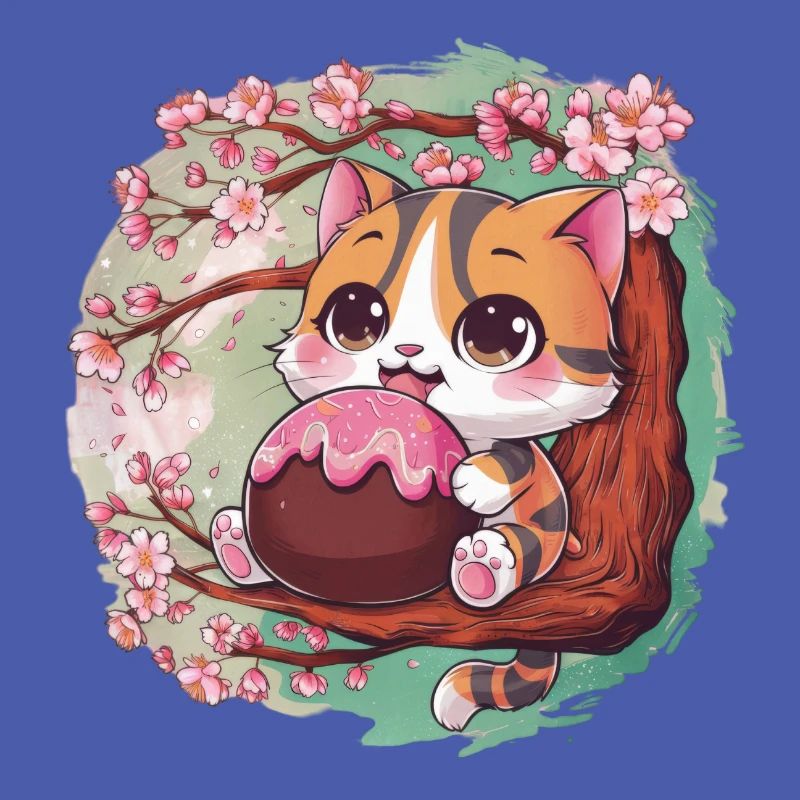 Mignon chat Kawaii avec Hanami Dango + fleurs de cerisier