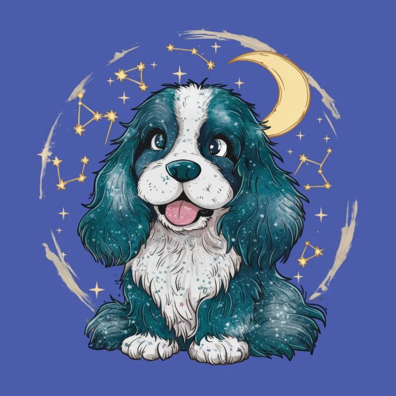 Cocker mignon avec lune et étoiles
