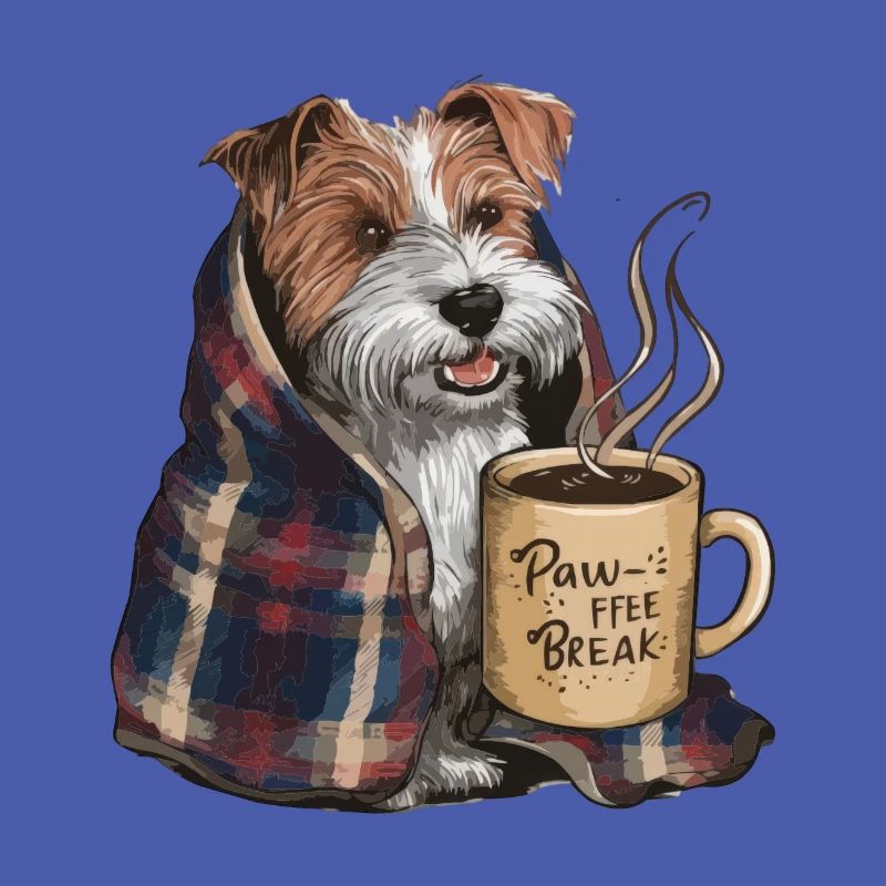 Dandie Dinmont Terrier avec couverture et tasse à café