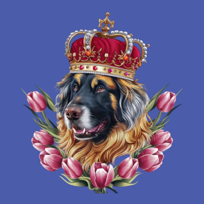 Leonberger Hund mit Krone und Tulpen